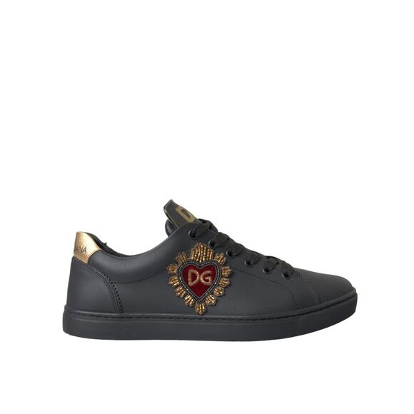 Dolce & Gabbana Black Leather Heart Embellished Sneakers Men's Shoes